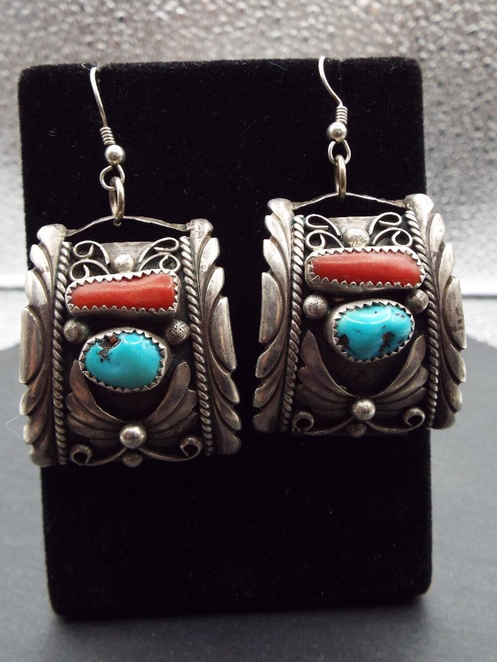NAVAJO WAYNE ETSITTY STERLING TURQUOISE CORAL WATCH ENDS TO DROP EARRINGS 65